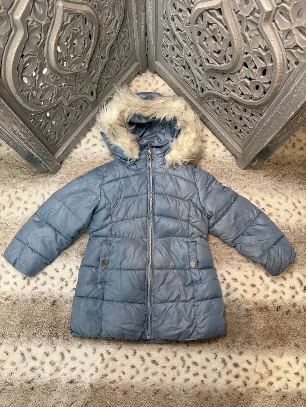 Michael Kors metallic blue puffer jacket girls 4T faux fur glam outdoor winter